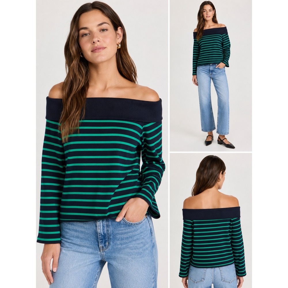Goen.J Off Shoulder Top Womens US 8 Large Navy Green Striped Cotton Sweatshirt